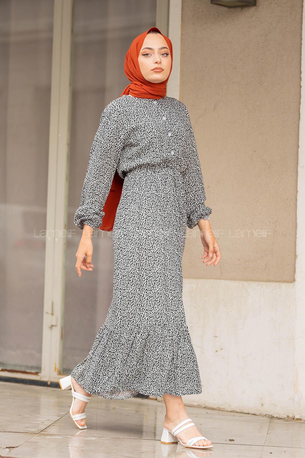 Modalamelif Mini Yaprak Desenli Elbise Siyah