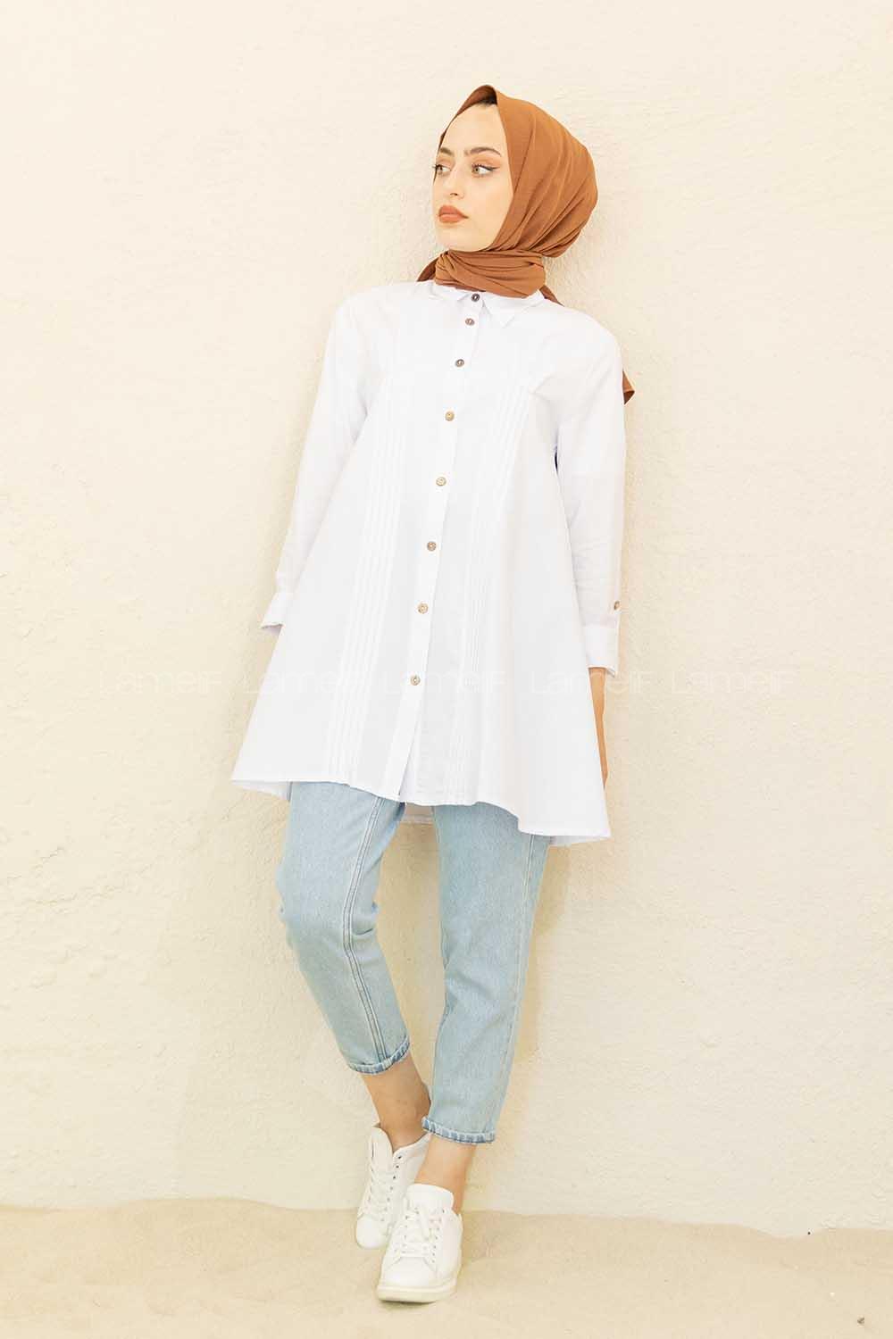 Modalamelif Önü Pileli Tunik Beyaz