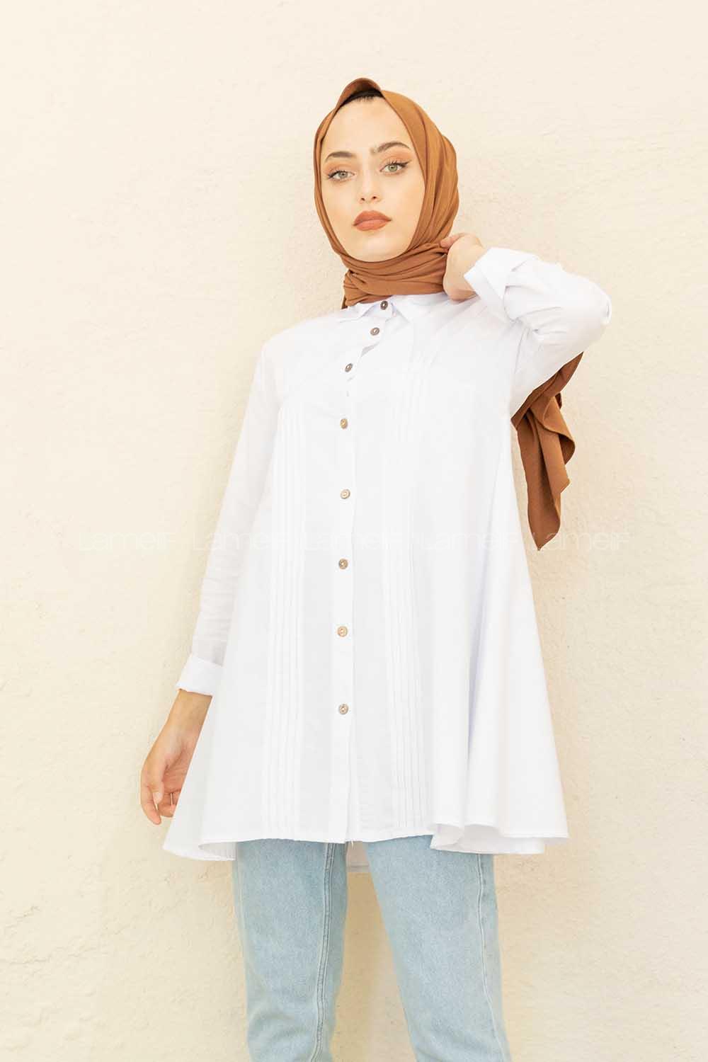 Modalamelif Önü Pileli Tunik Beyaz