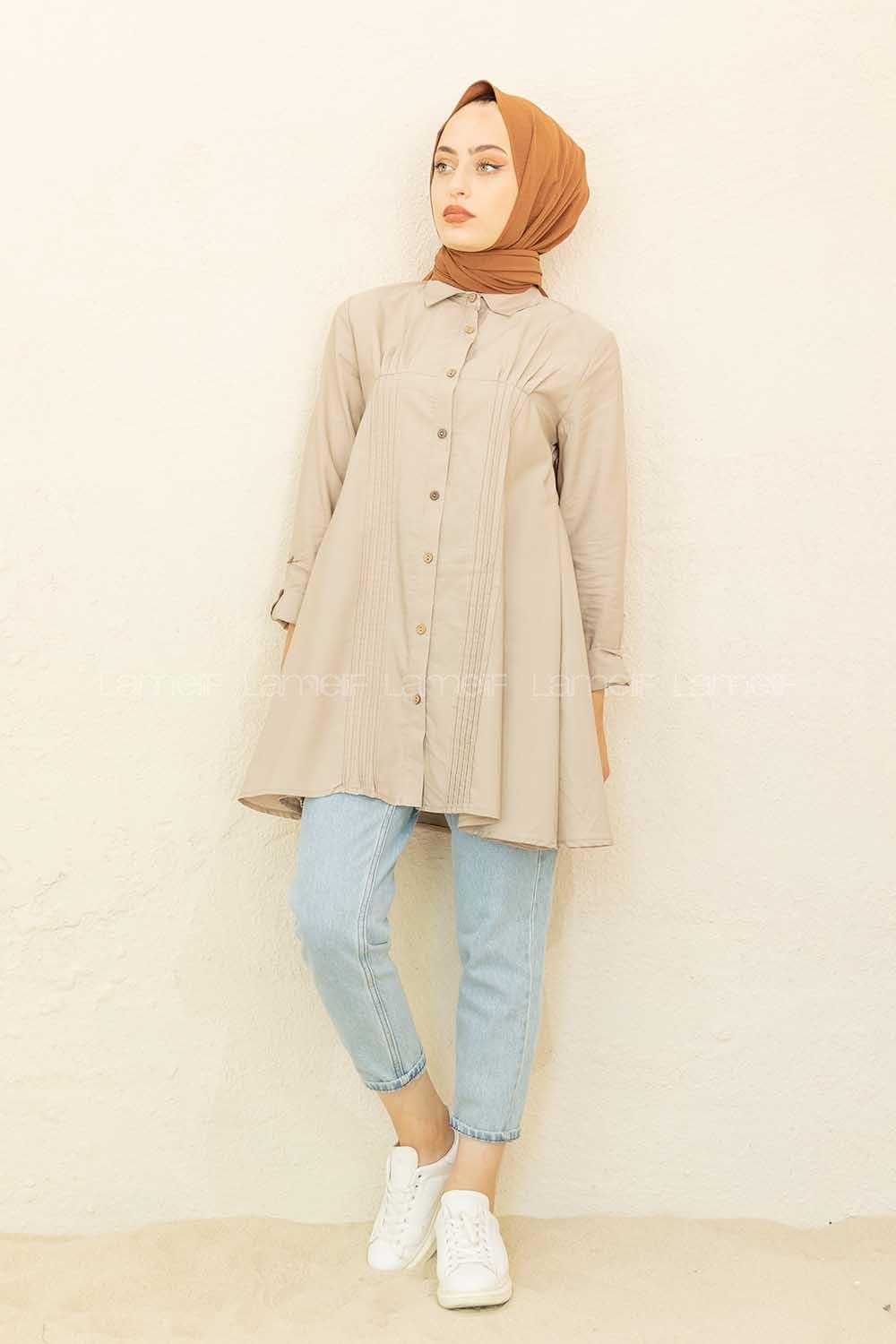 Modalamelif Önü Pileli Tunik Taş Rengi