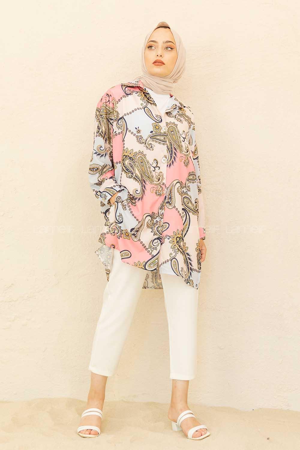 Modalamelif Şal Desen Gömlek Ekru Pembe