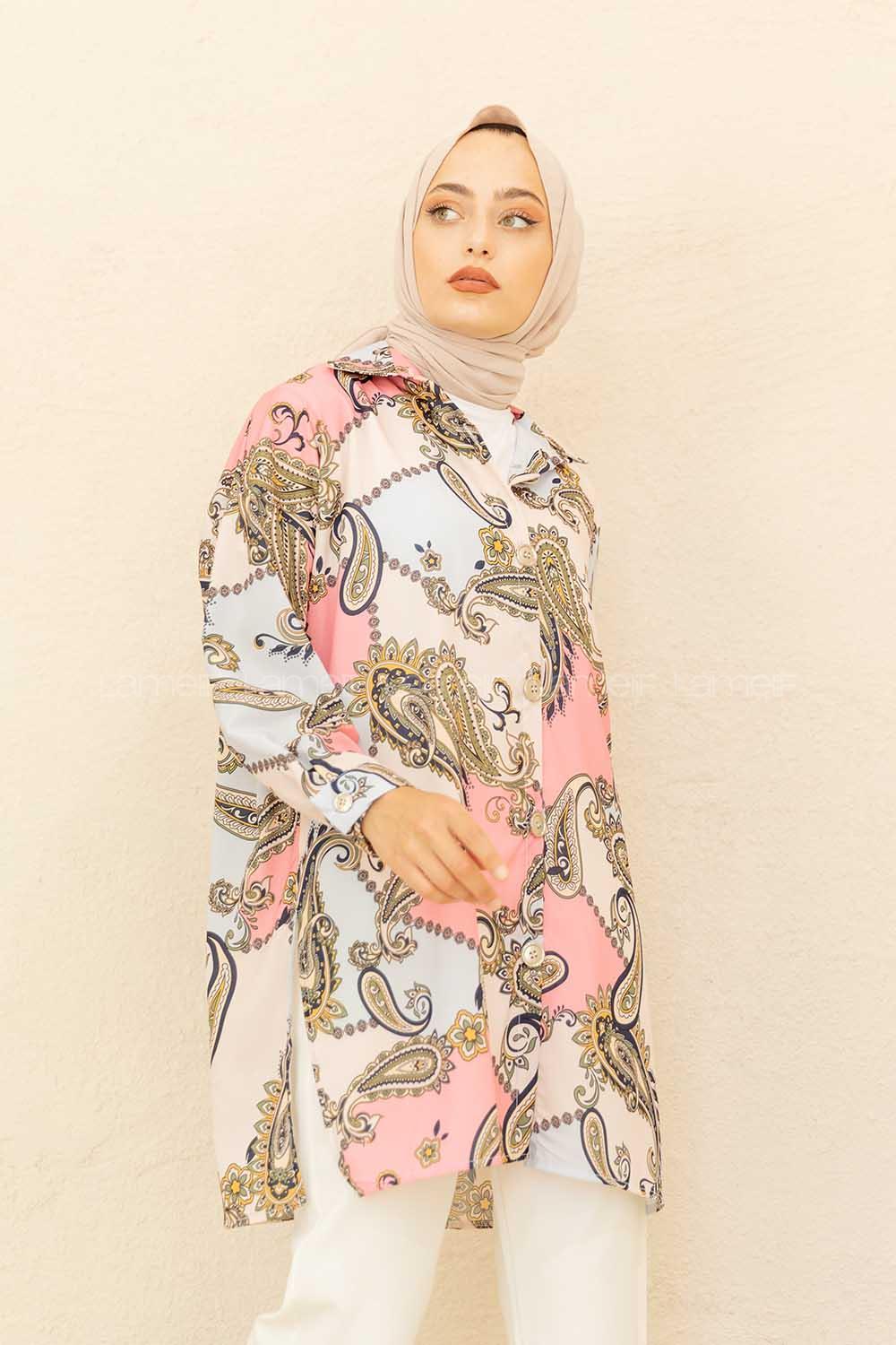 Modalamelif Şal Desen Gömlek Ekru Pembe