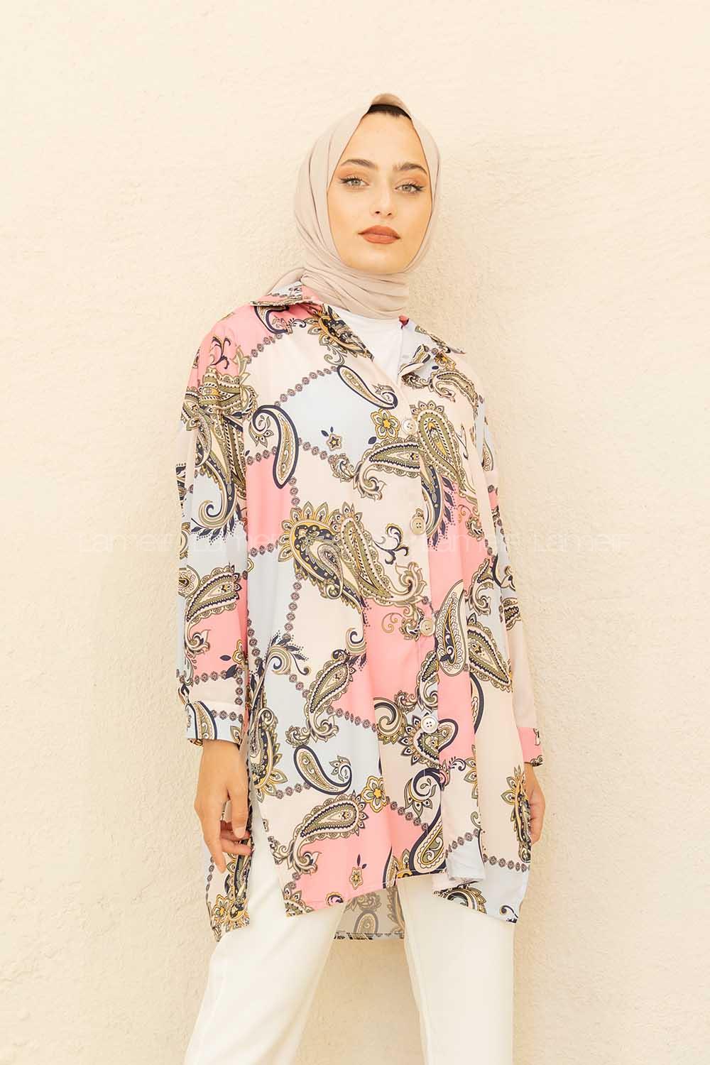 Modalamelif Şal Desen Gömlek Ekru Pembe