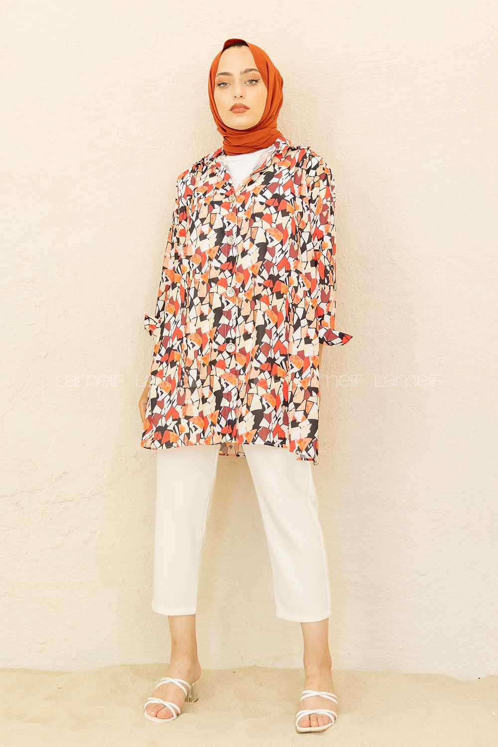 Modalamelif Soyut Desen Gömlek Bej Kırmızı