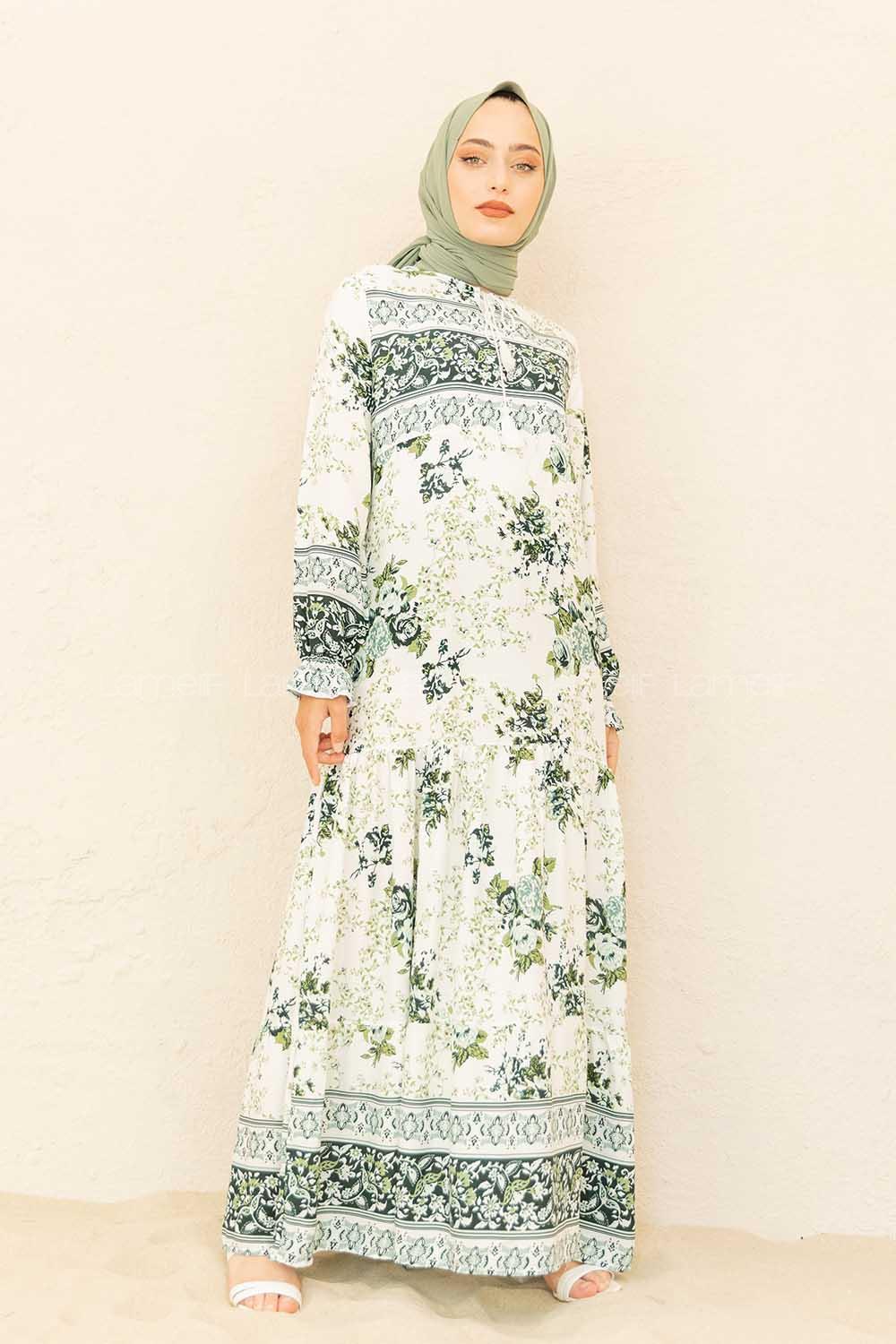 Modalamelif Yaka Bağlamalı Kilim Desen Elbise Yeşil