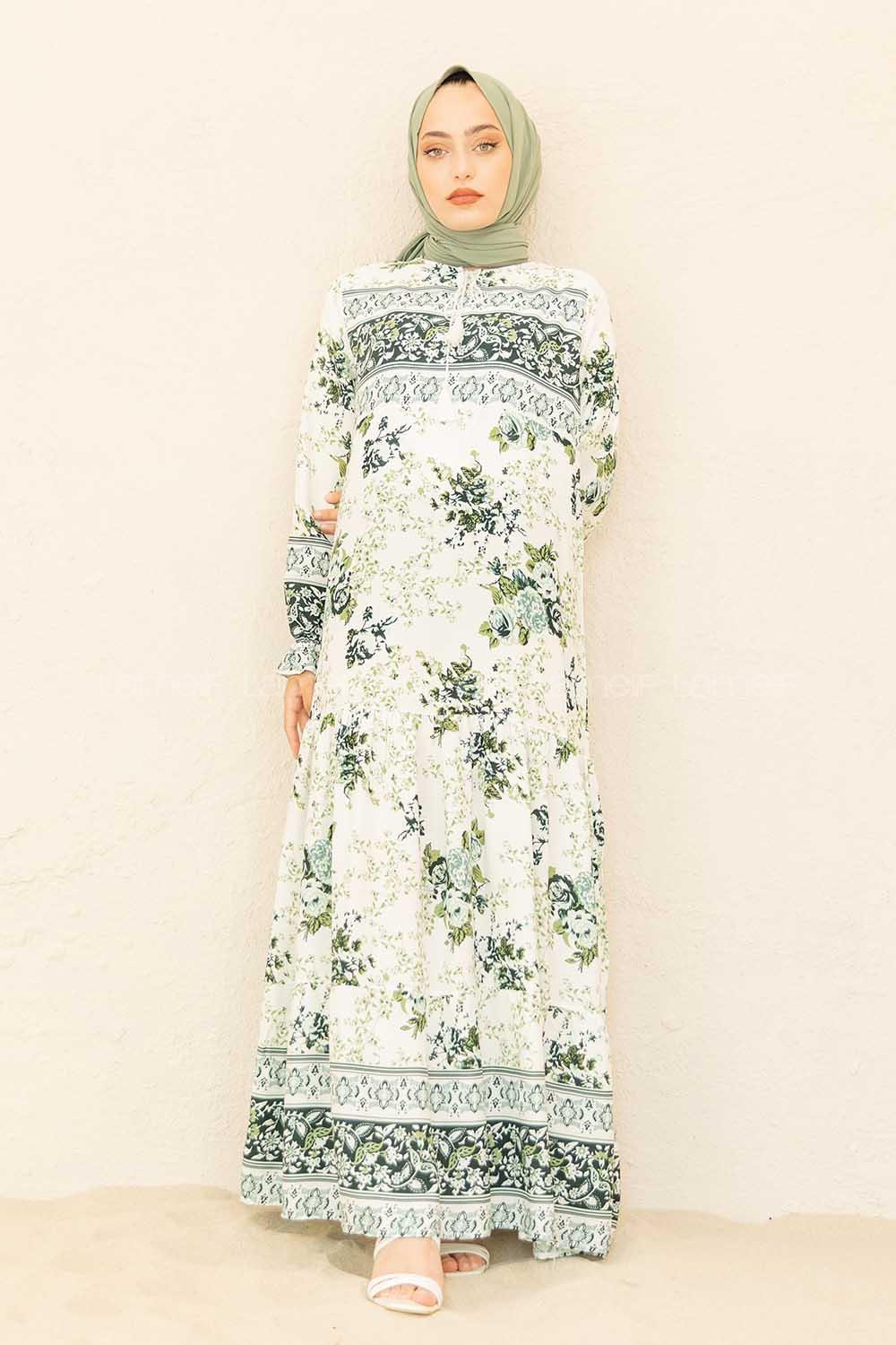 Modalamelif Yaka Bağlamalı Kilim Desen Elbise Yeşil