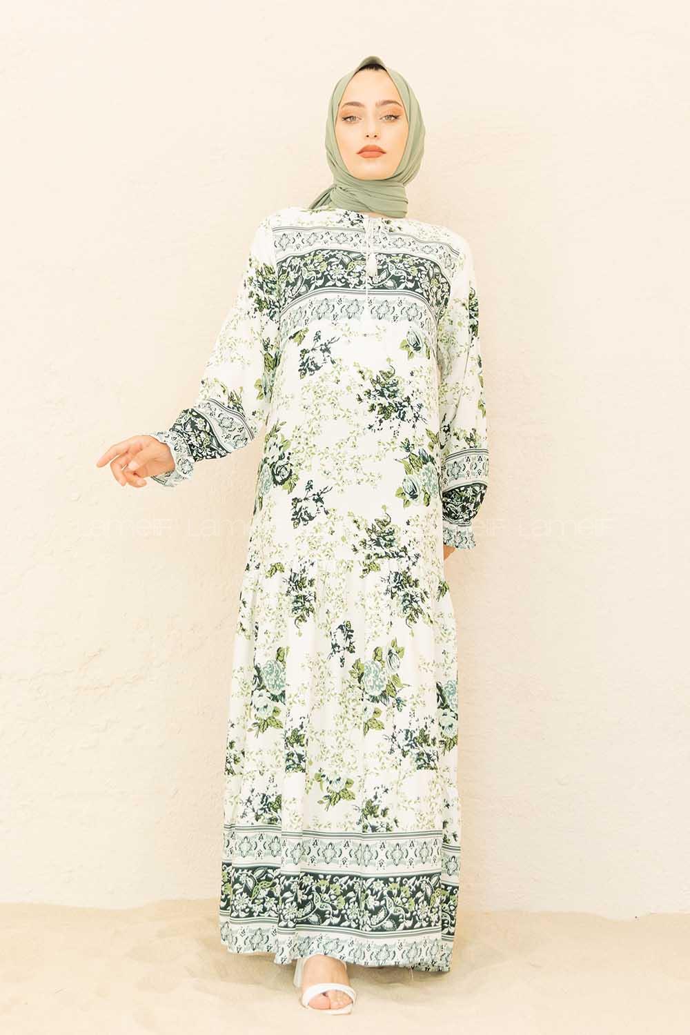 Modalamelif Yaka Bağlamalı Kilim Desen Elbise Yeşil