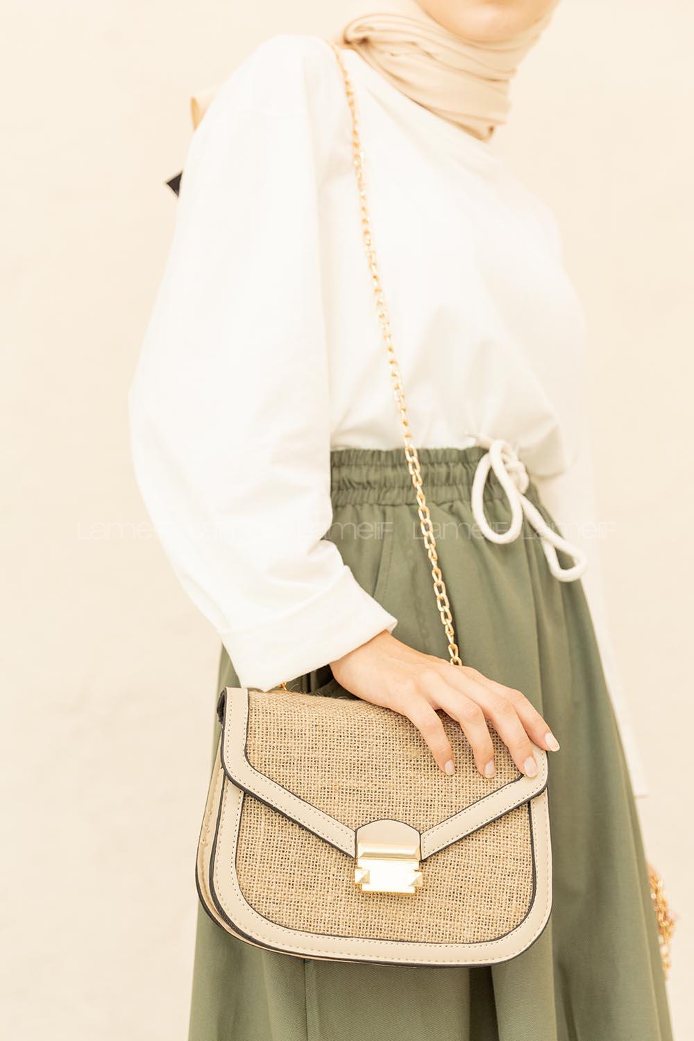 Modalamelif Zincir Askılı Hasır Çanta Vizonrengi