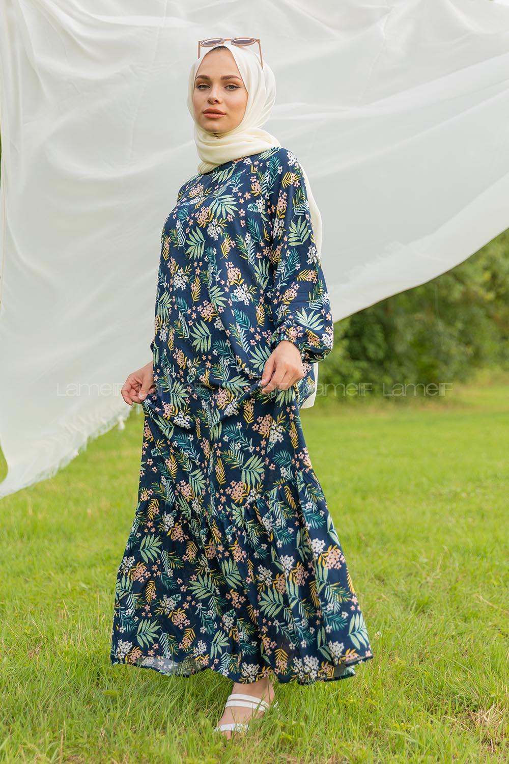 Modalamelif Balon Kol Çiçek Desenli Elbise Pastel Pudra