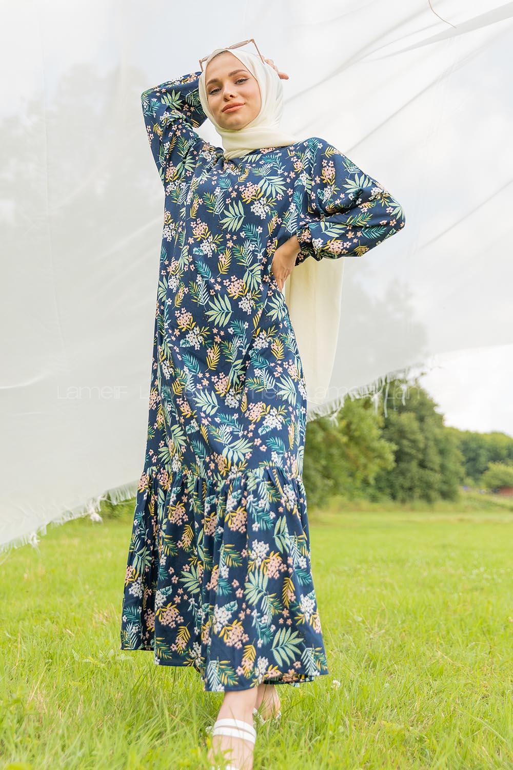 Modalamelif Balon Kol Çiçek Desenli Elbise Pastel Pudra