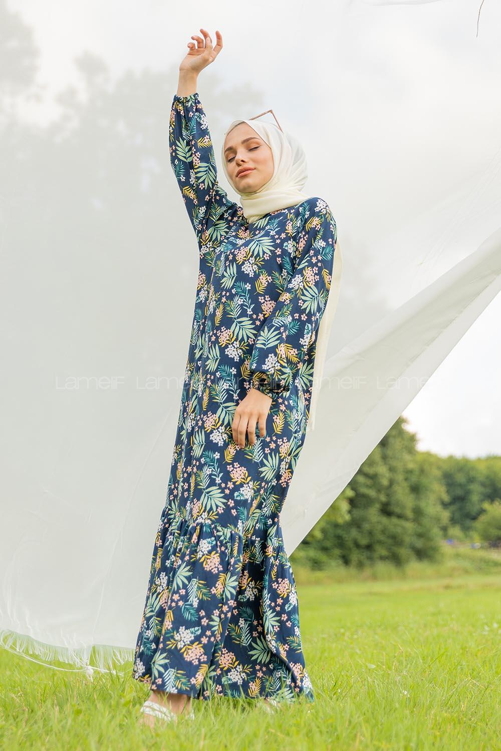 Modalamelif Balon Kol Çiçek Desenli Elbise Pastel Pudra