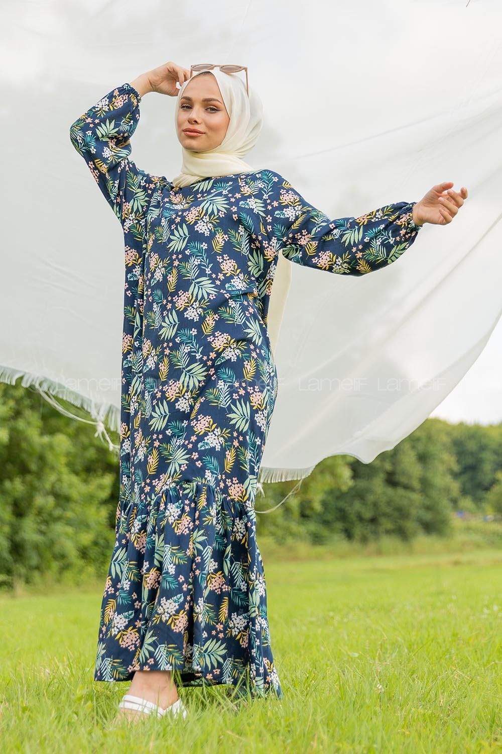 Modalamelif Balon Kol Çiçek Desenli Elbise Pastel Pudra