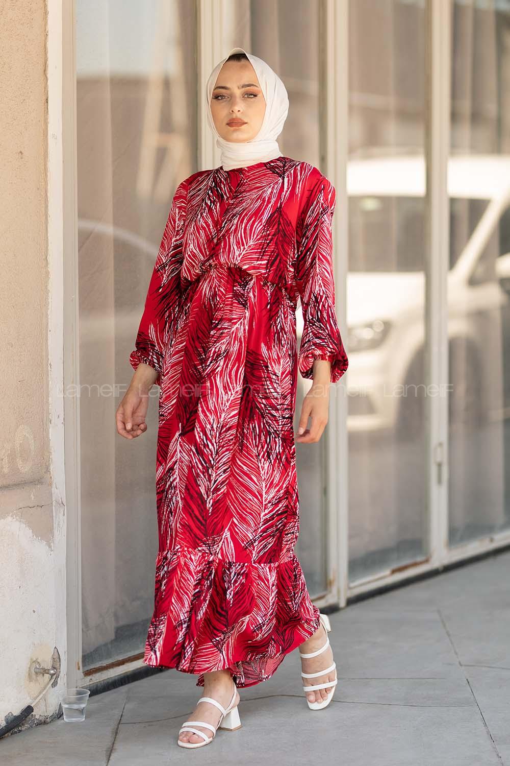 Modalamelif Bel Büzgülü Yaprak Desen Elbise  Bordo