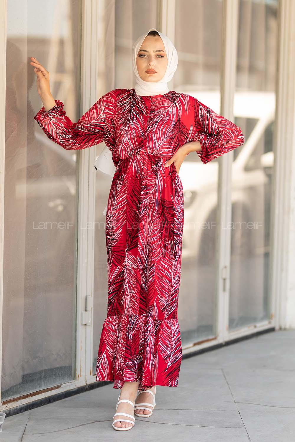 Modalamelif Bel Büzgülü Yaprak Desen Elbise  Bordo