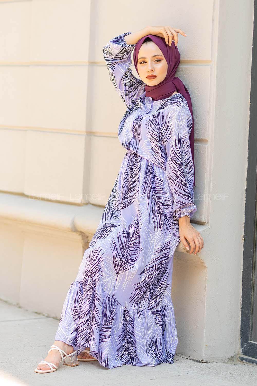 Modalamelif Bel Büzgülü Yaprak Desen Elbise Lila