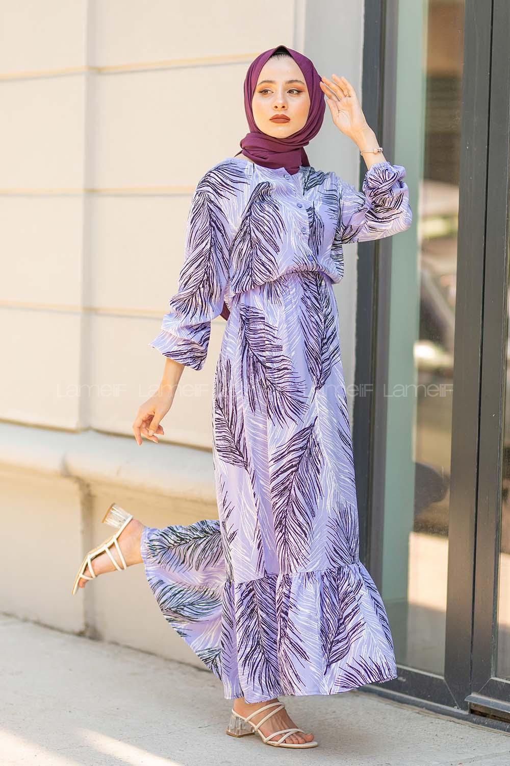 Modalamelif Bel Büzgülü Yaprak Desen Elbise Lila