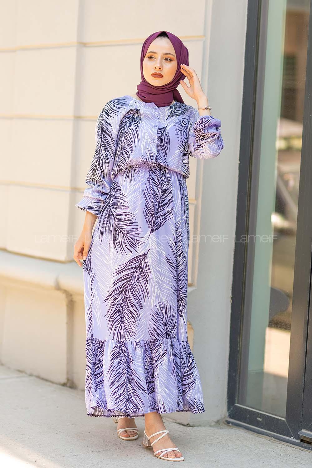 Modalamelif Bel Büzgülü Yaprak Desen Elbise Lila