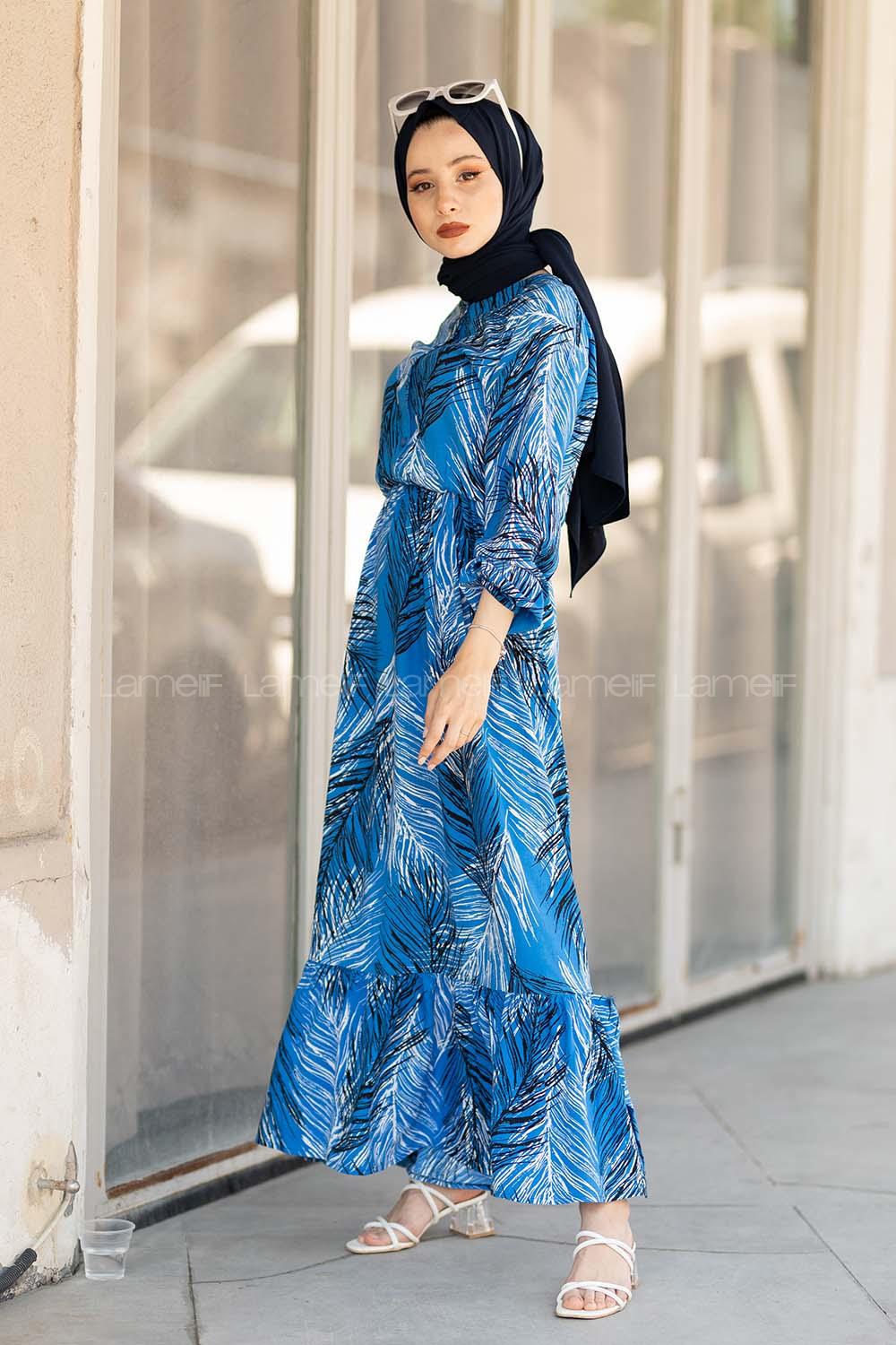Modalamelif Bel Büzgülü Yaprak Desen Elbise Mavi