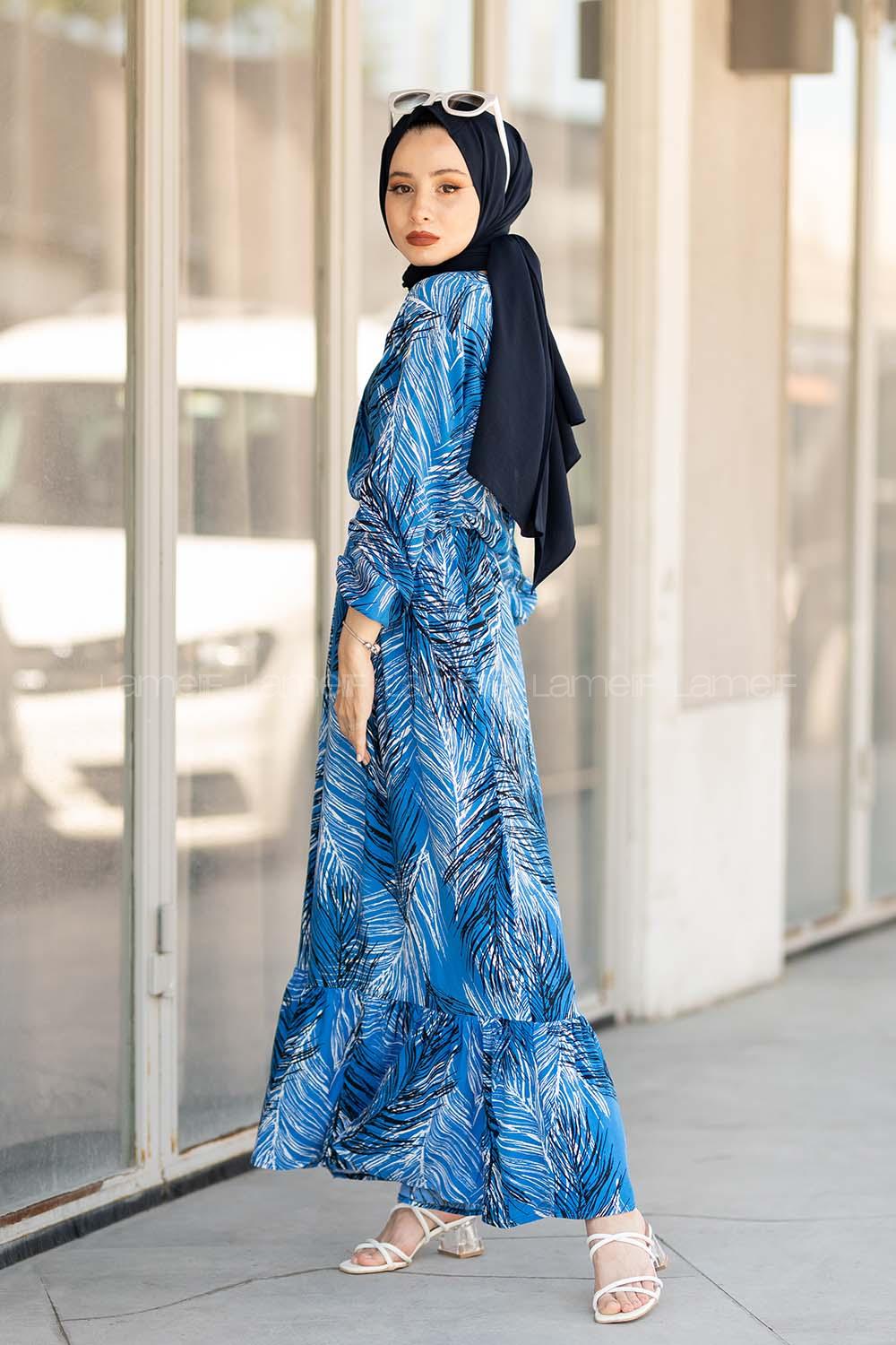 Modalamelif Bel Büzgülü Yaprak Desen Elbise Mavi