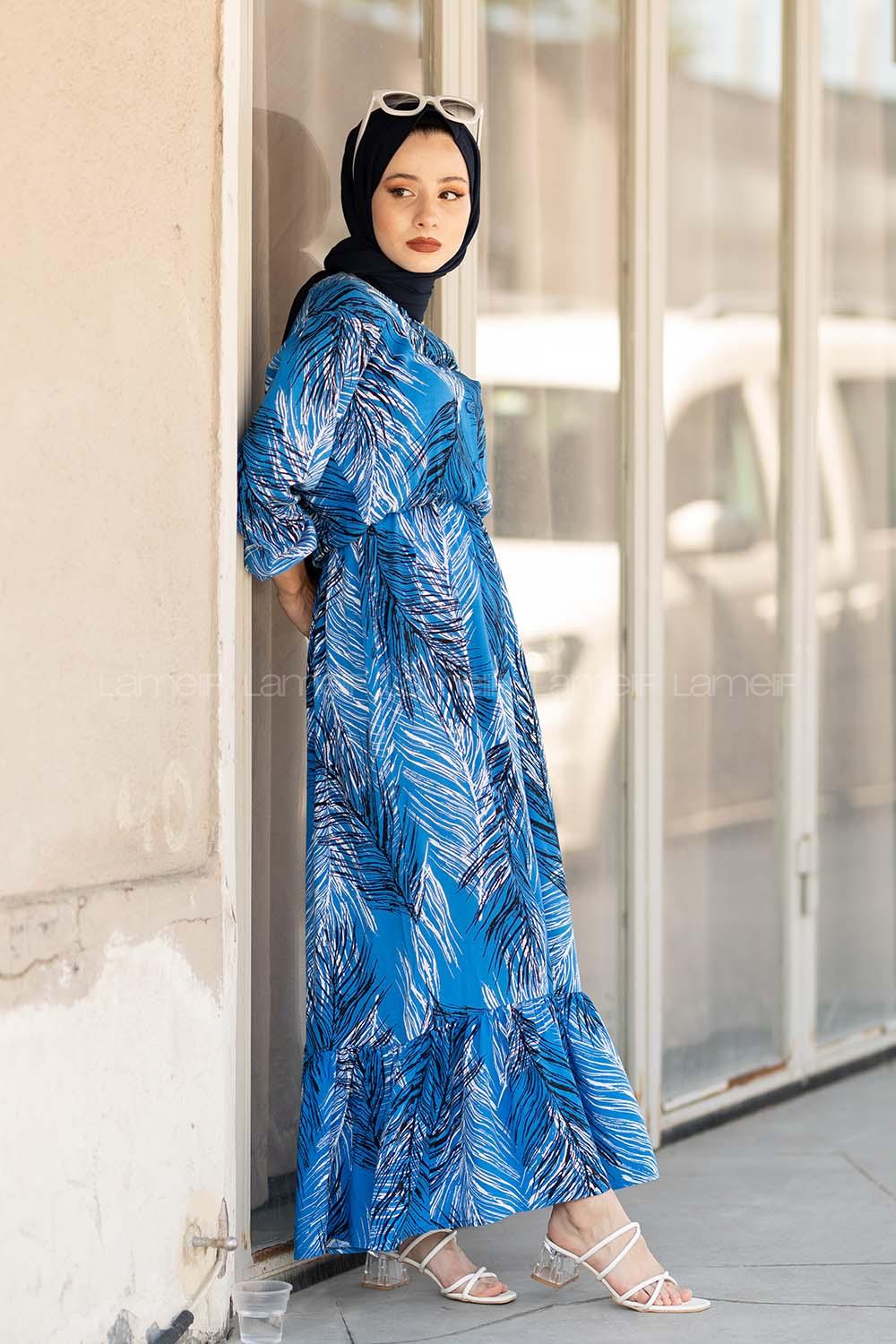 Modalamelif Bel Büzgülü Yaprak Desen Elbise Mavi