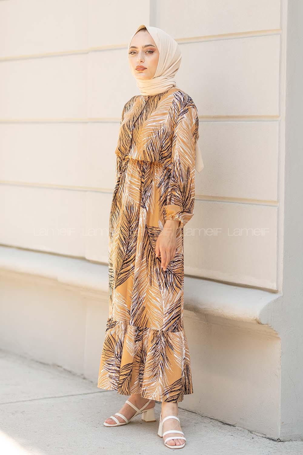 Modalamelif Bel Büzgülü Yaprak Desen Elbise Sütlü Kahve