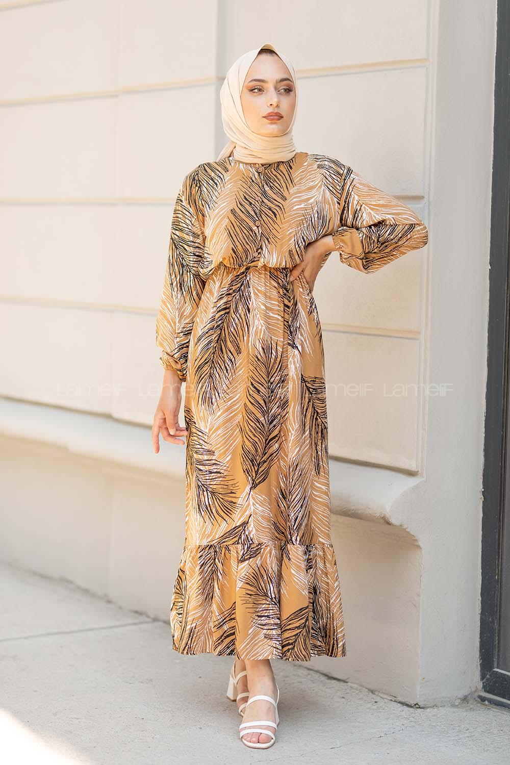 Modalamelif Bel Büzgülü Yaprak Desen Elbise Sütlü Kahve