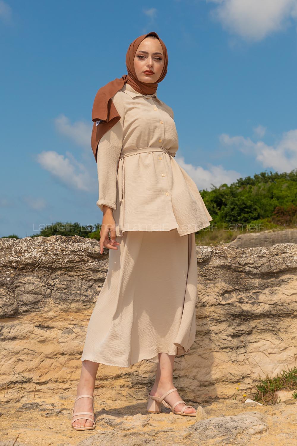 Modalamelif Belden Bağlamalı İkili Takım Bej