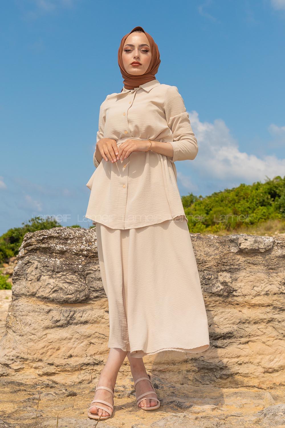 Modalamelif Belden Bağlamalı İkili Takım Bej