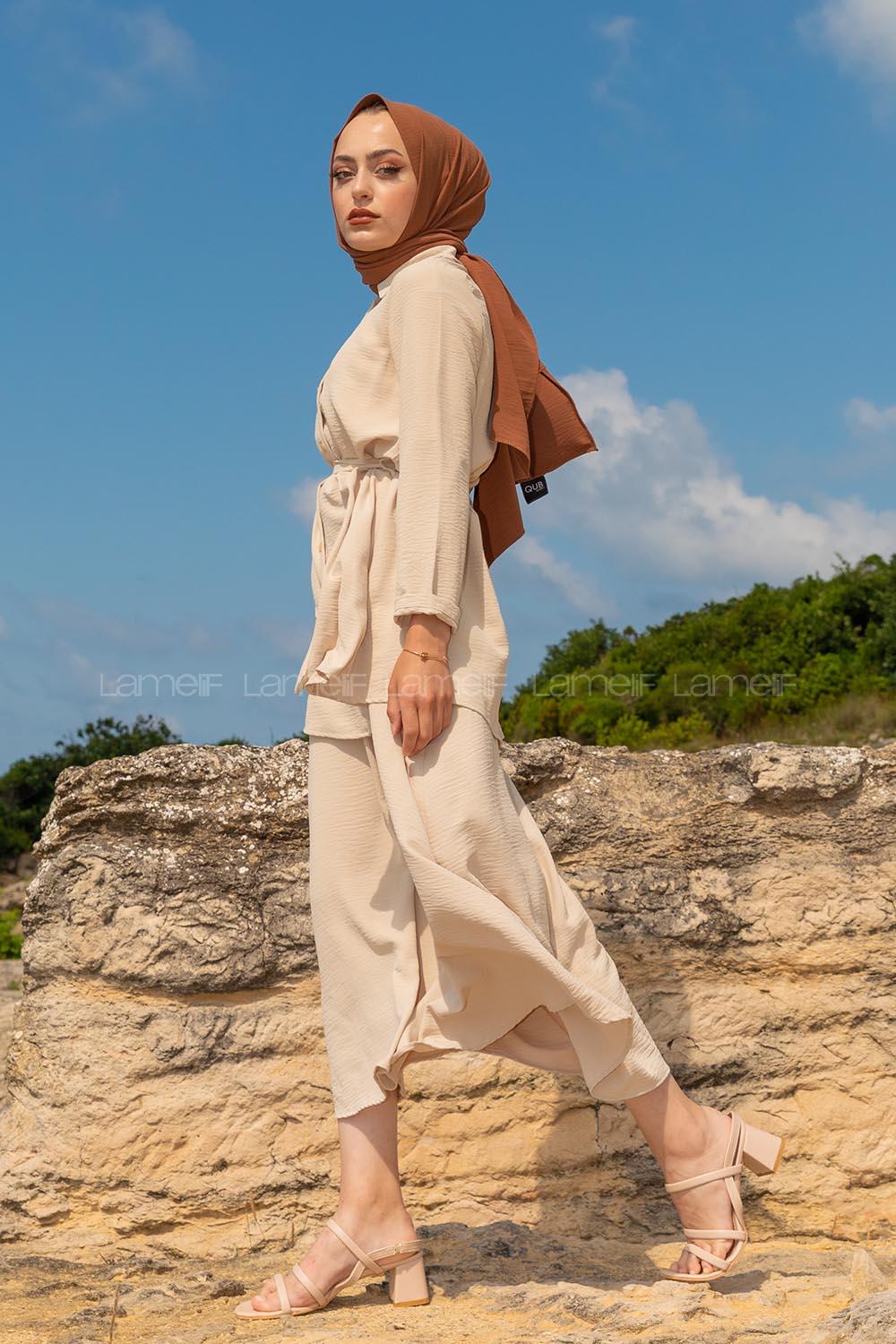 Modalamelif Belden Bağlamalı İkili Takım Bej