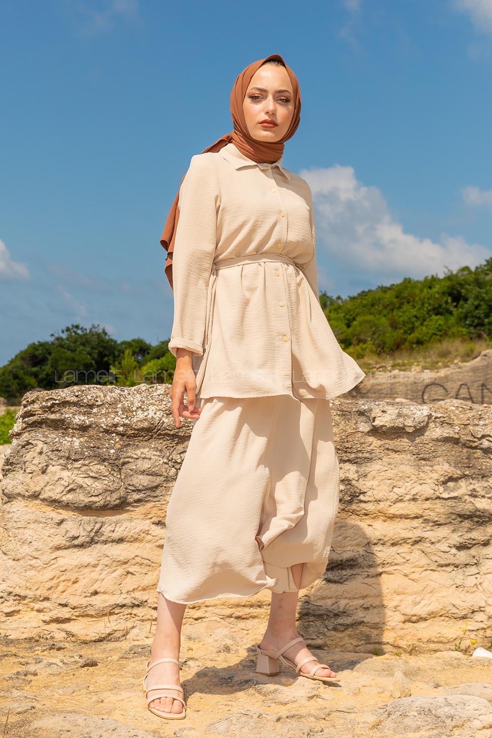 Modalamelif Belden Bağlamalı İkili Takım Bej