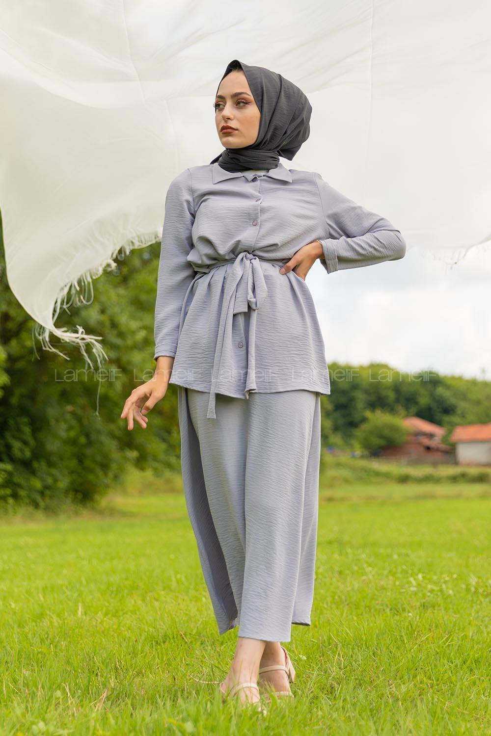 Modalamelif Belden Bağlamalı İkili Takım Gri