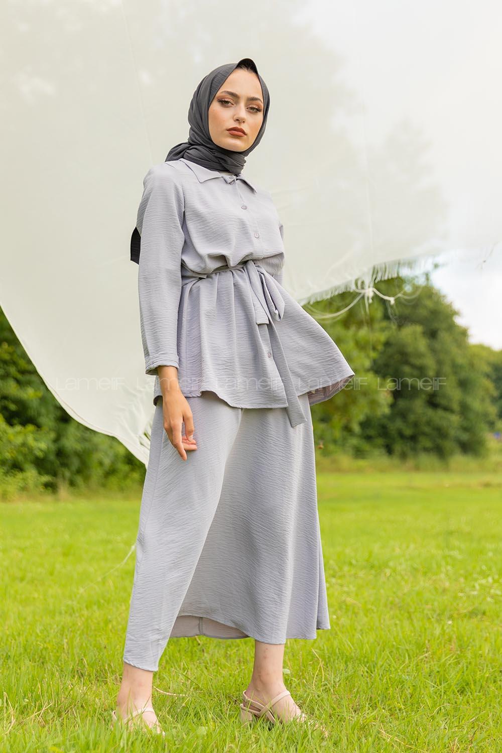 Modalamelif Belden Bağlamalı İkili Takım Gri