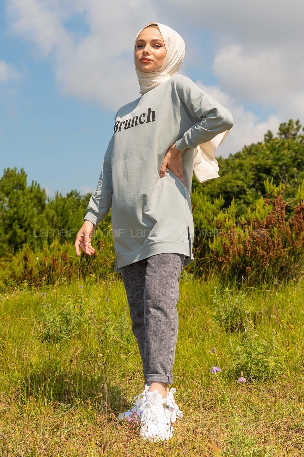 Modalamelif Brunch Yazı Baskılı Sweatshirt Gri Melanj