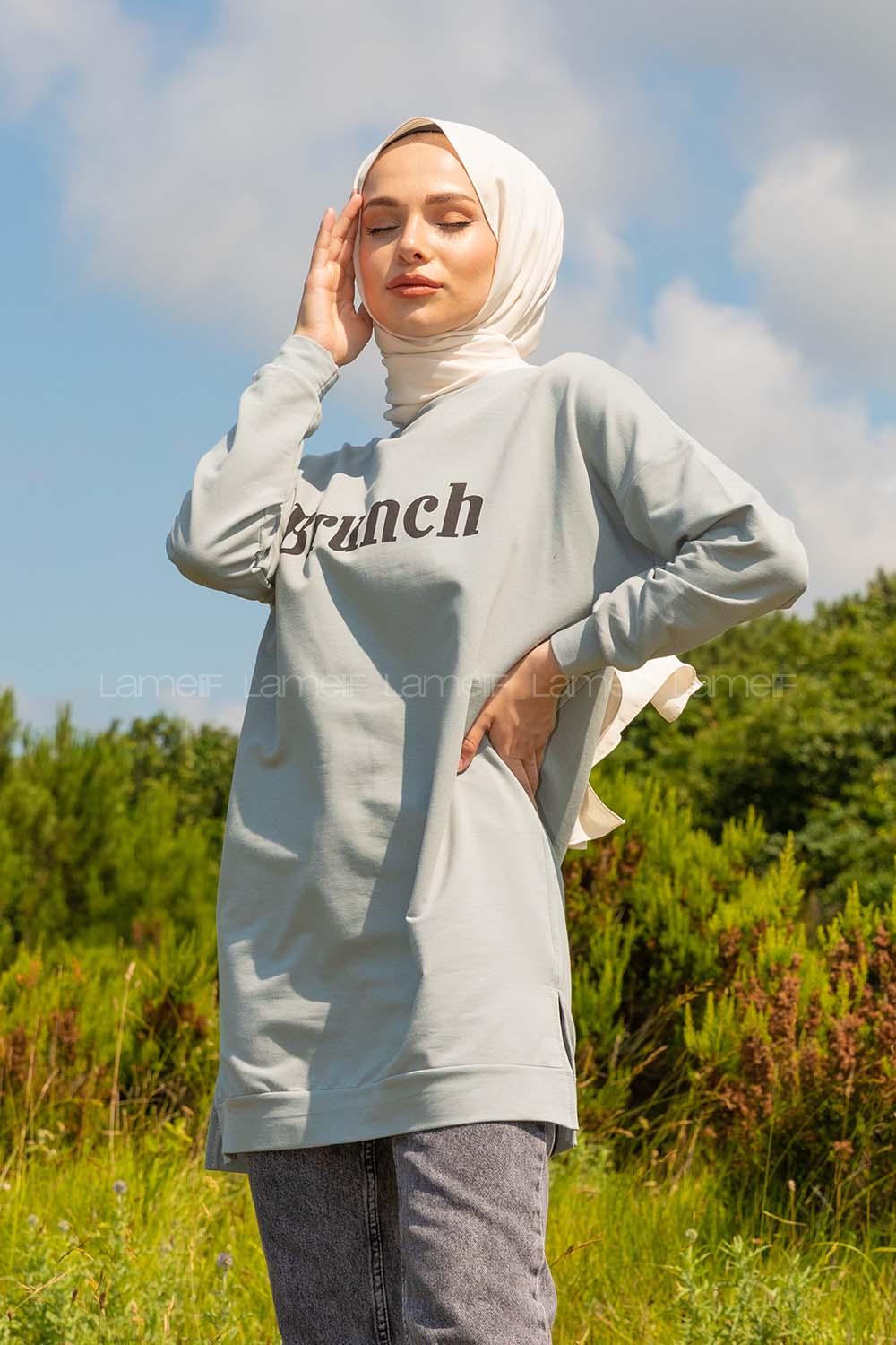 Modalamelif Brunch Yazı Baskılı Sweatshirt Gri Melanj