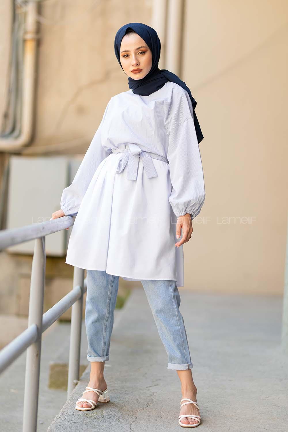 Modalamelif Dik Çizgi Etek Garnili  Tunik Mavi