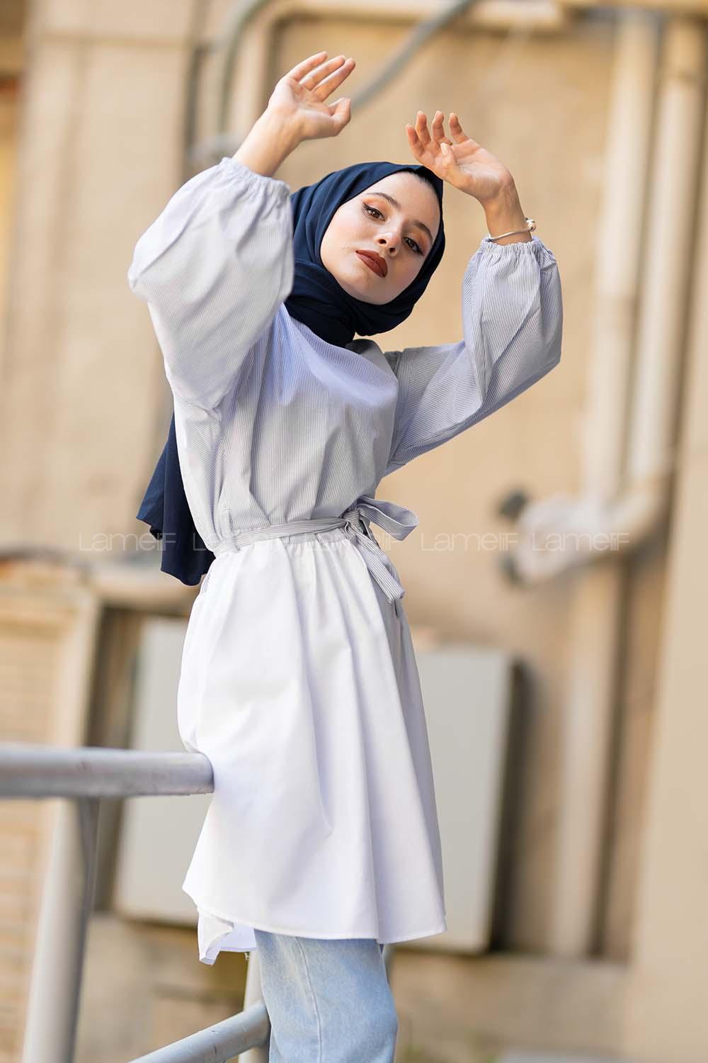 Modalamelif Dik Çizgi Etek Garnili  Tunik Mavi