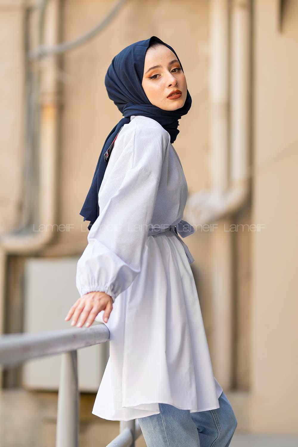 Modalamelif Dik Çizgi Etek Garnili  Tunik Mavi