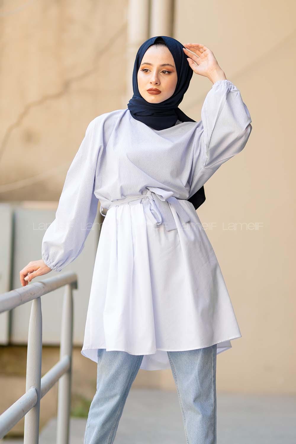 Modalamelif Dik Çizgi Etek Garnili  Tunik Mavi