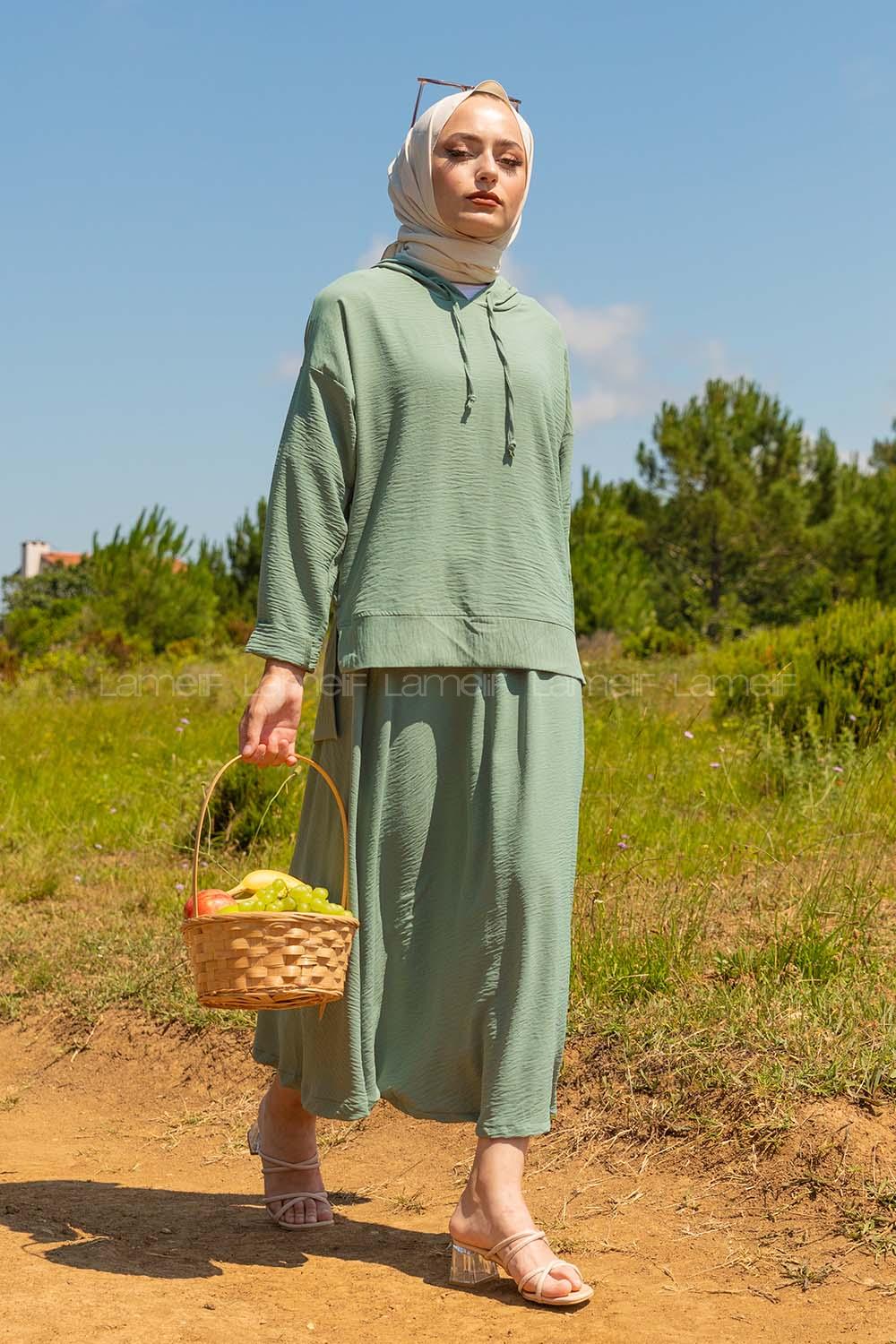 Modalamelif Kapşonlu Etekli Takım Mint Yeşili