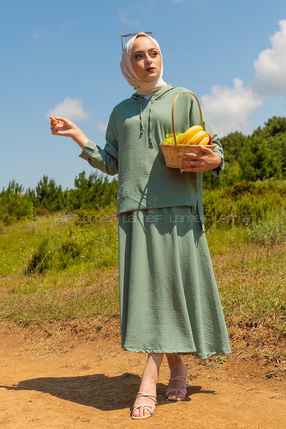 Modalamelif Kapşonlu Etekli Takım Mint Yeşili