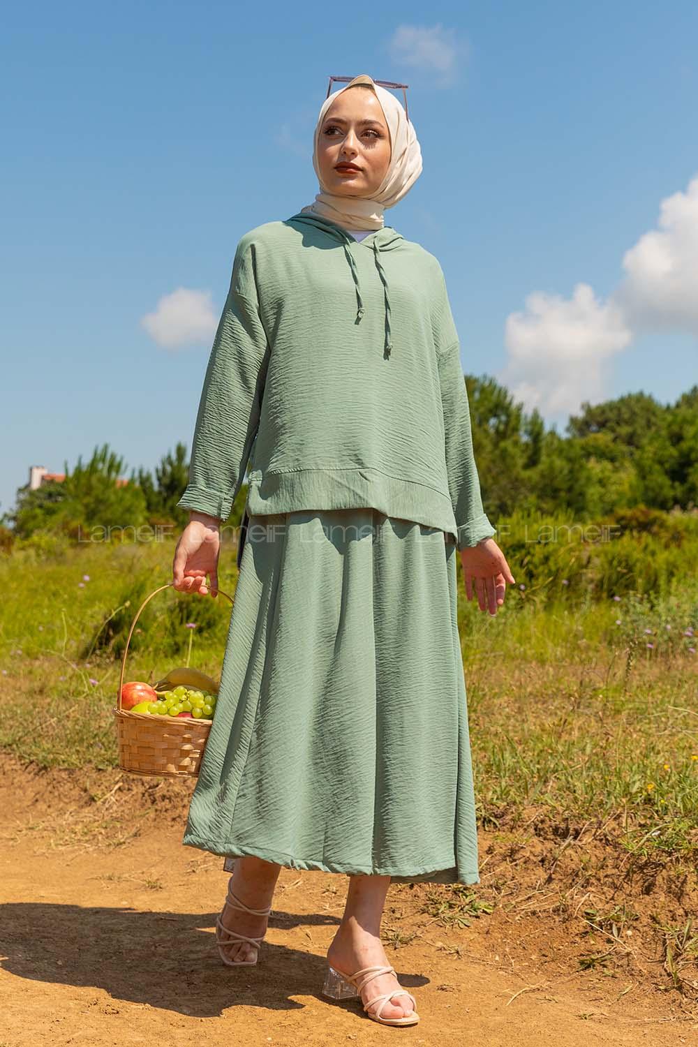 Modalamelif Kapşonlu Etekli Takım Mint Yeşili