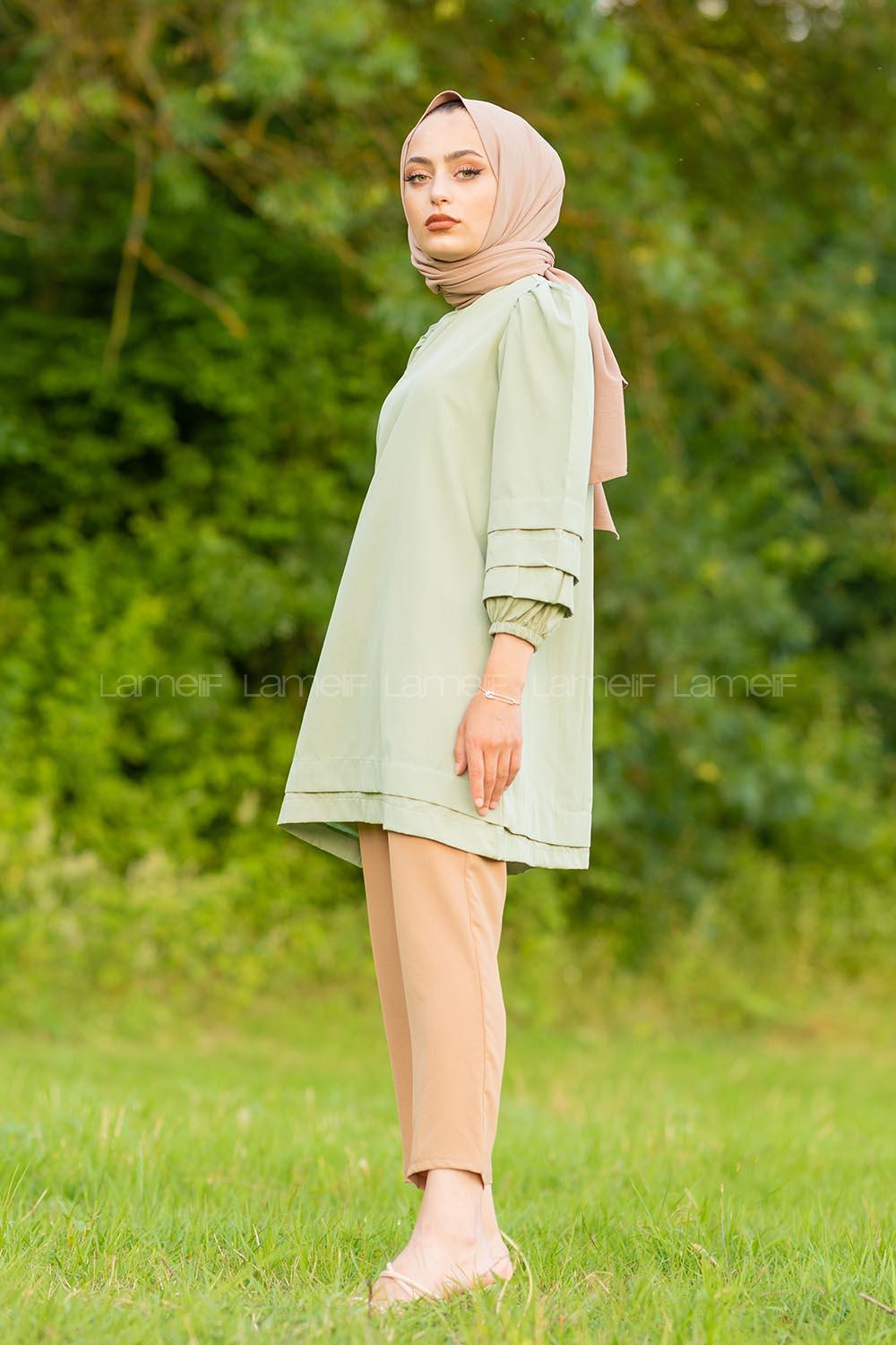 Modalamelif Karpuz Kol Etek Katlı Tunik Çağla Yeşili