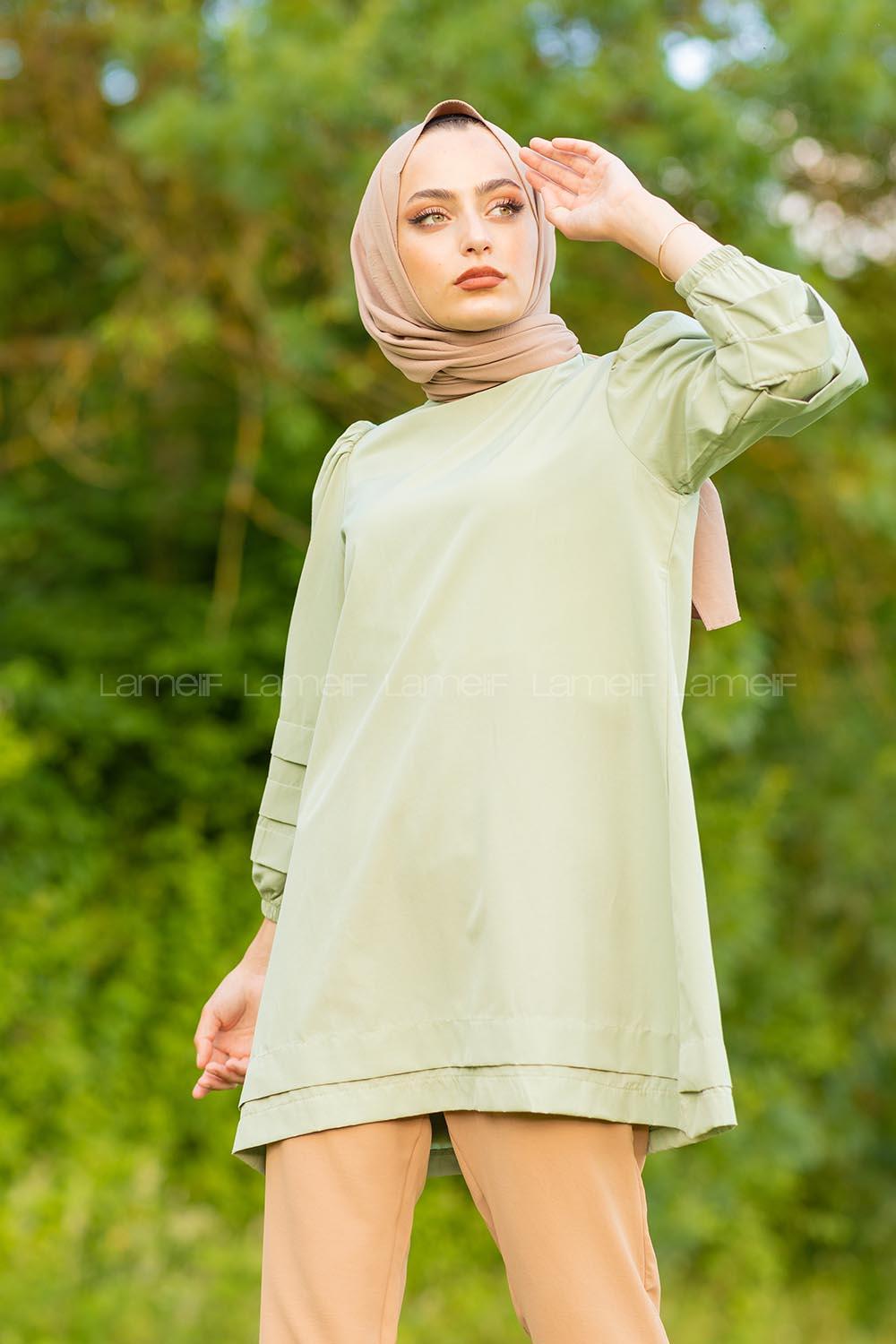 Modalamelif Karpuz Kol Etek Katlı Tunik Çağla Yeşili