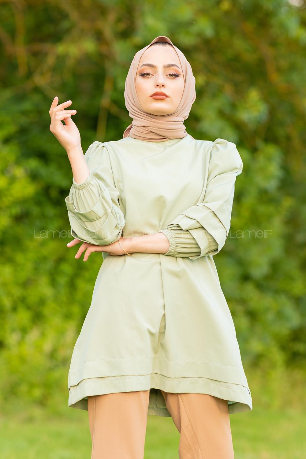 Modalamelif Karpuz Kol Etek Katlı Tunik Çağla Yeşili