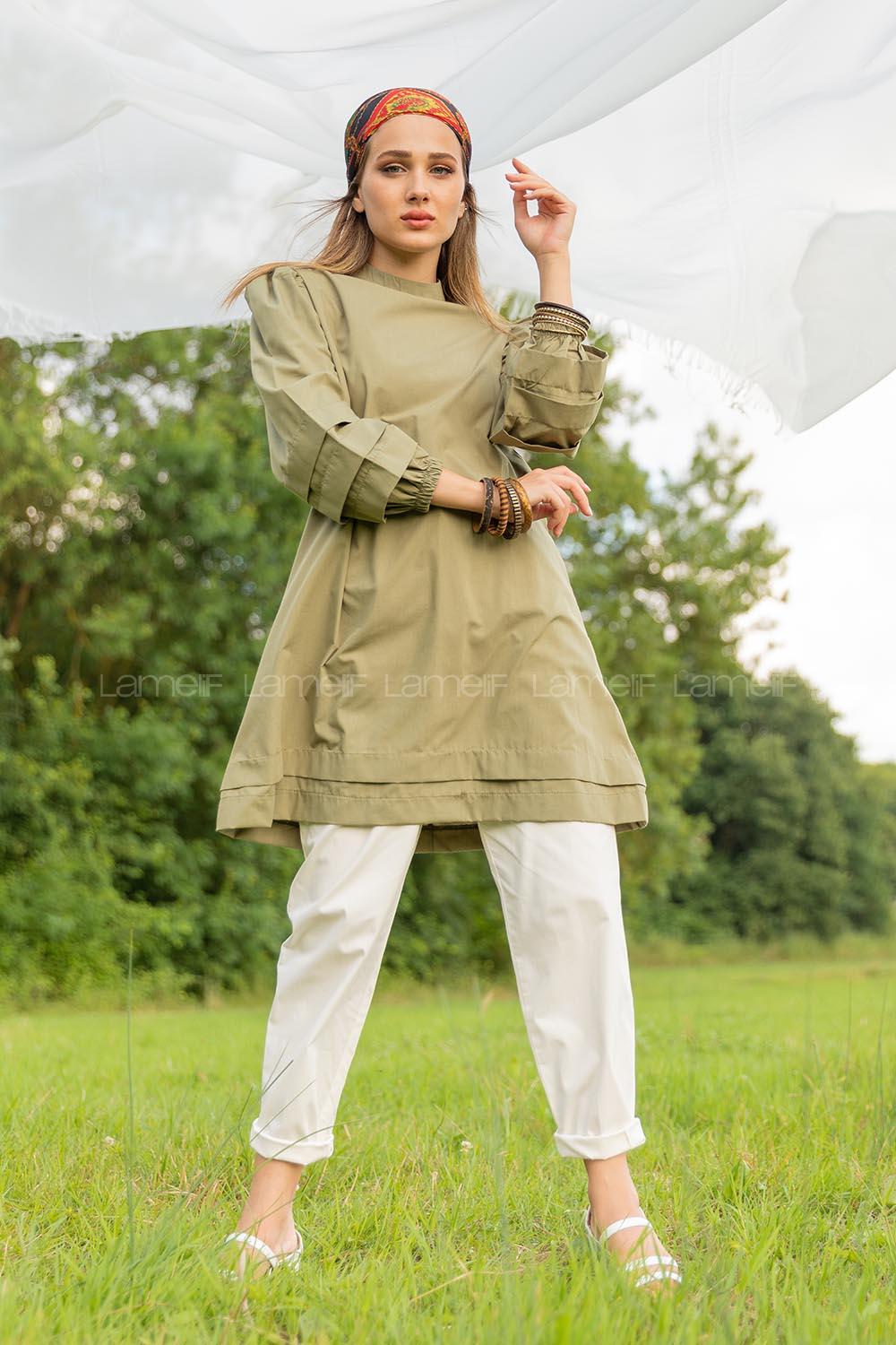 Modalamelif Karpuz Kol Etek Katlı Tunik Haki