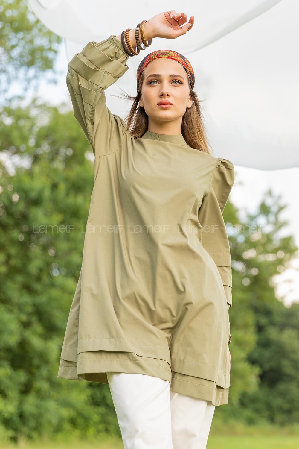 Modalamelif Karpuz Kol Etek Katlı Tunik Haki
