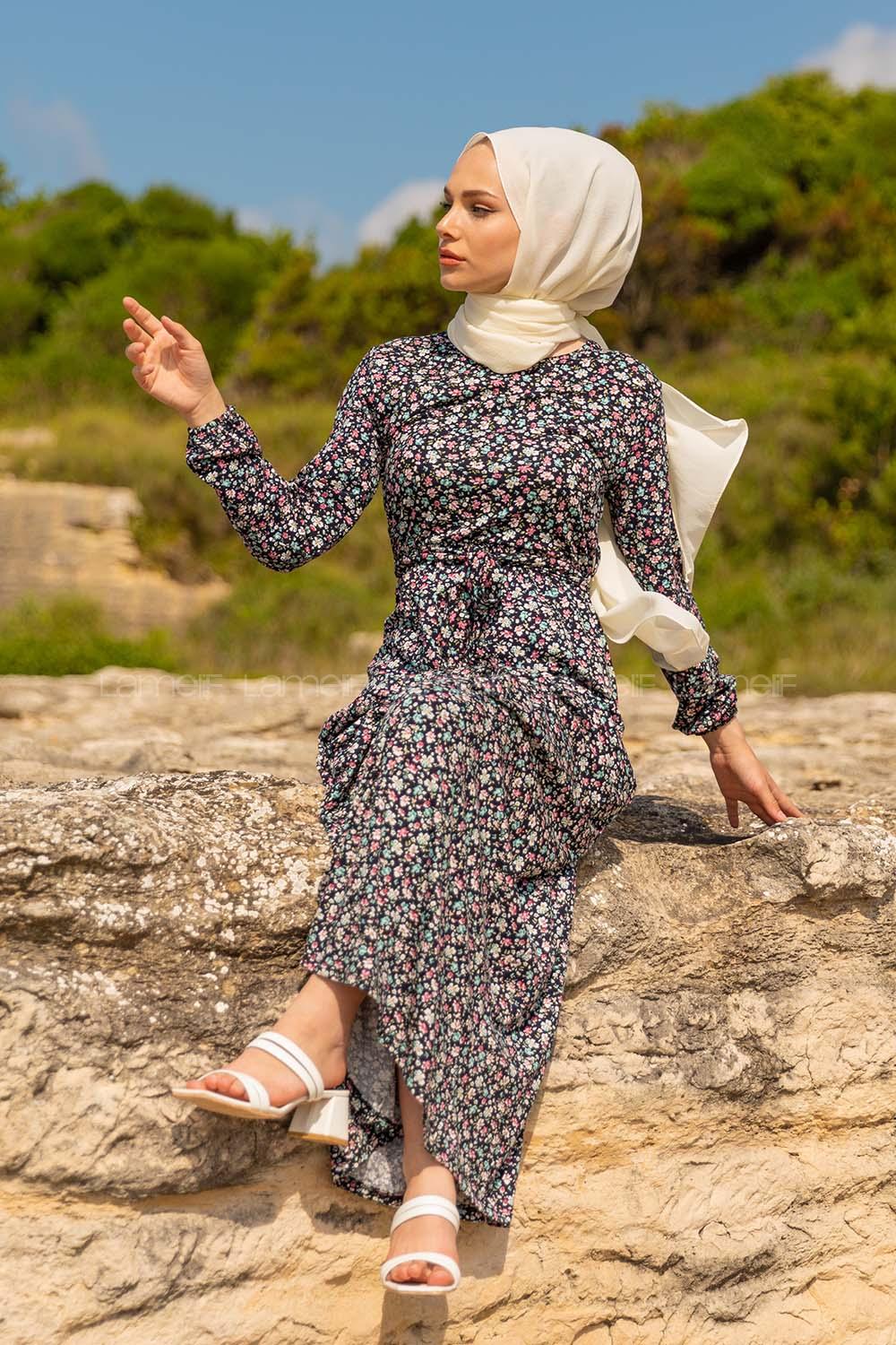 Modalamelif Mini Papatya Desenli Kuşaklı Elbise Pudra