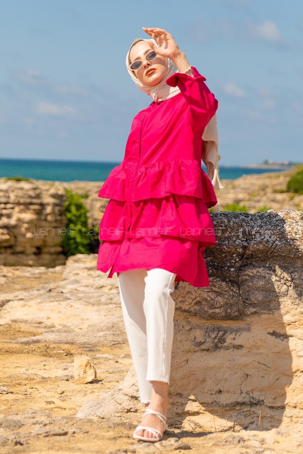 Modalamelif Önü Düğmeli Kat Kat Gömlek Fuşya