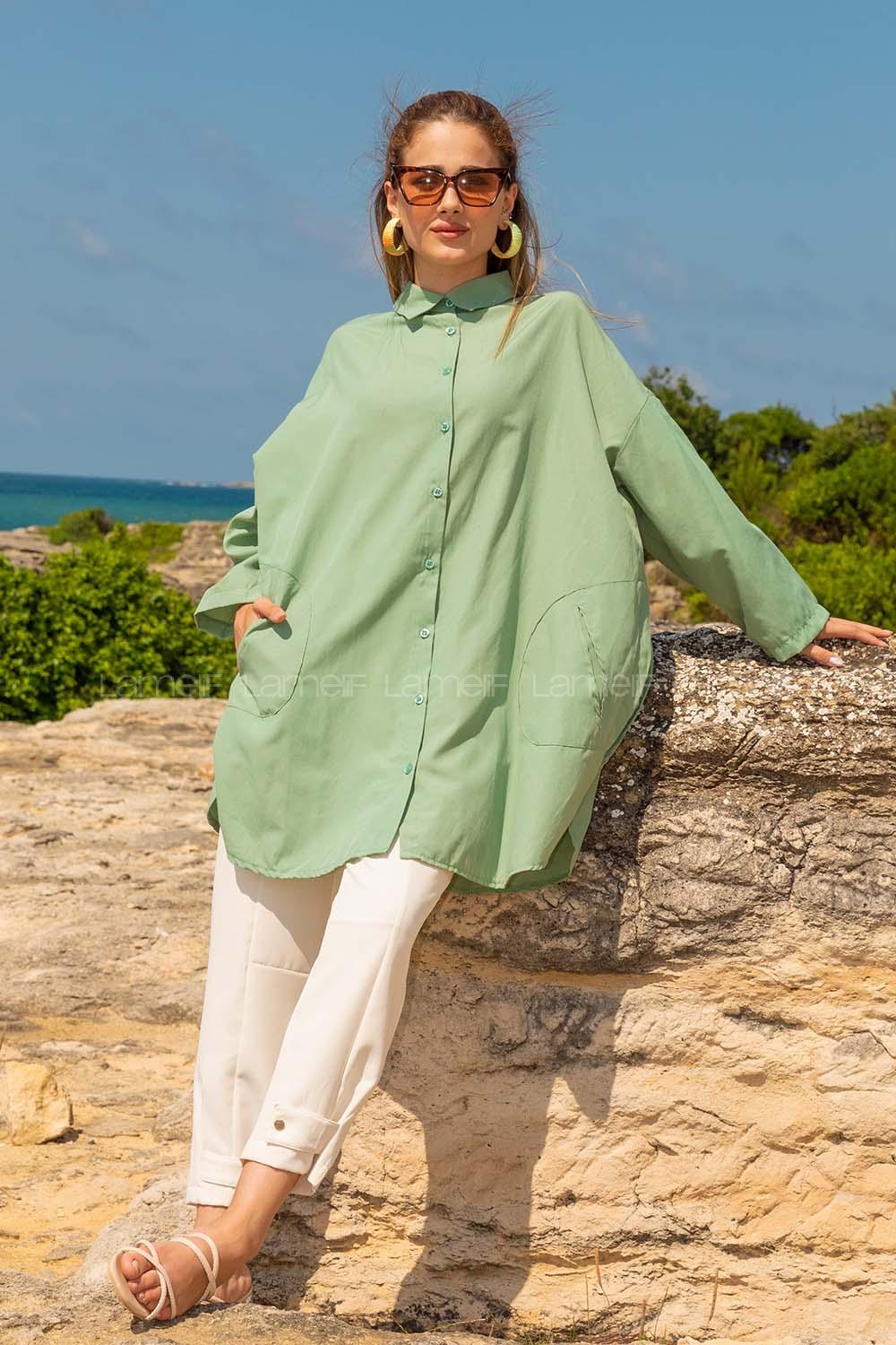 Modalamelif Önü Düğmeli Yan Cepli Gömlek Çağla Yeşili