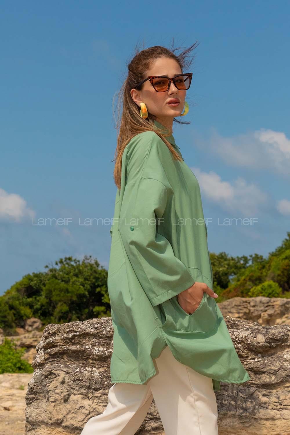 Modalamelif Önü Düğmeli Yan Cepli Gömlek Çağla Yeşili